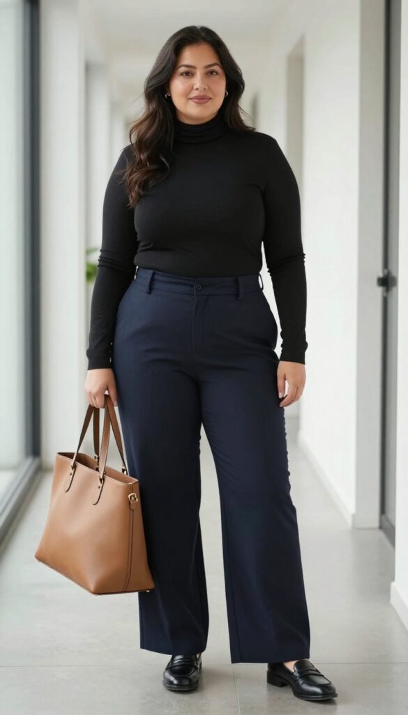 3. Wide-Leg Trousers + Fitted Turtleneck + Loafers