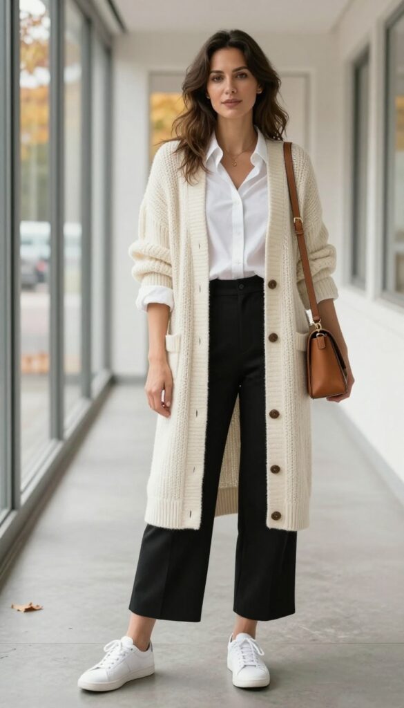 4. Cable-Knit Cardigan with Button-Down Shirt and Cropped Pants