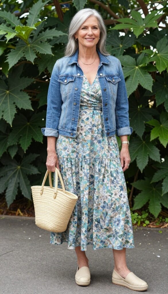 Older woman in floral maxi dress with denim jacket and espadrilles in garden