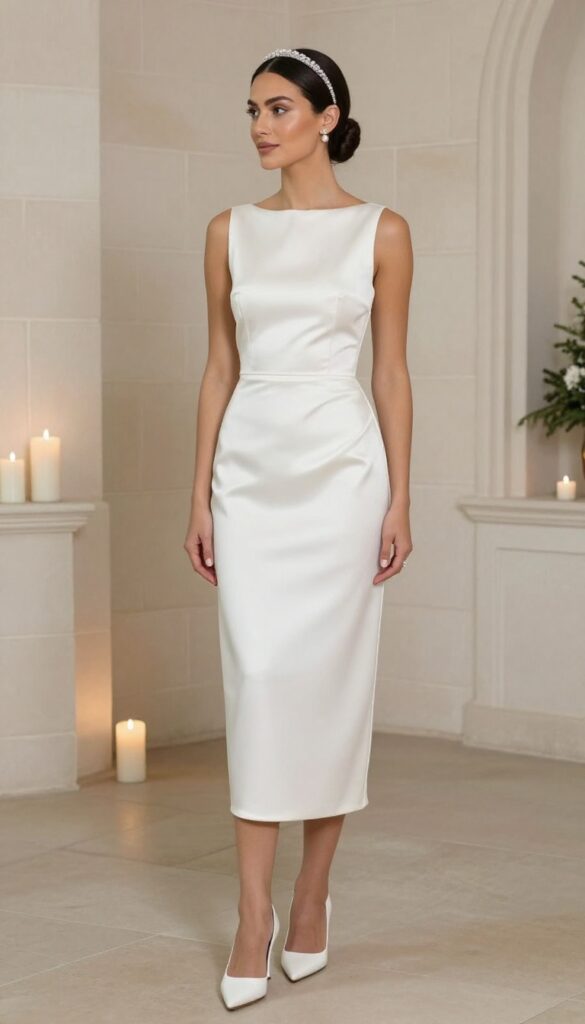 Woman in white satin column dress with crystal headband and white heels in a chapel