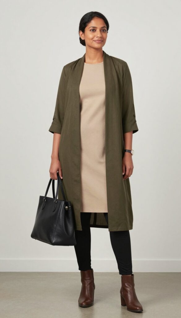 13. Tunic Top with Leggings and Long Jacket