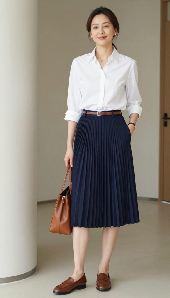 3. Pleated Skirt with a Button-Down Shirt