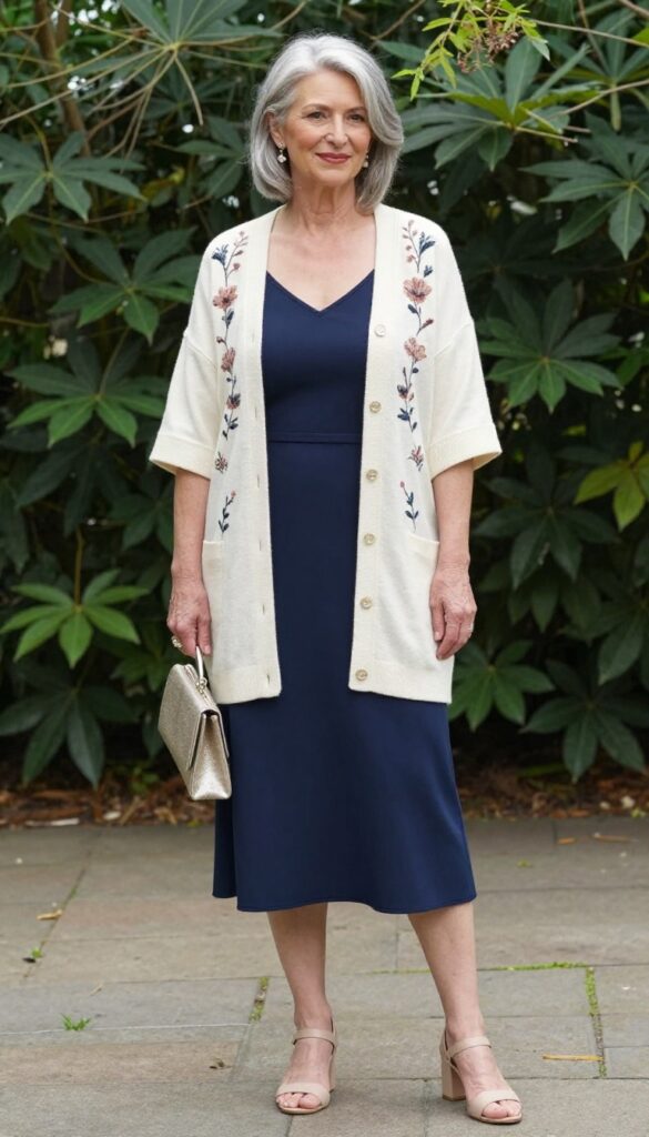 Older woman in navy slip dress and floral embroidered cardigan at garden wedding