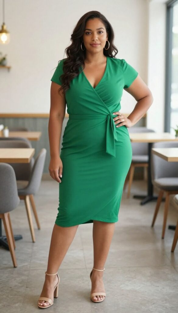2. Wrap Dress + Block Heel Sandals + Statement Earrings