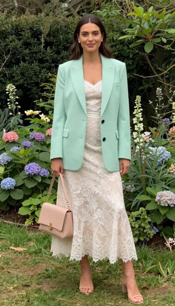 Woman in tea-length ivory lace wedding dress with cropped mint green blazer, blush bag, and nude sandals in garden