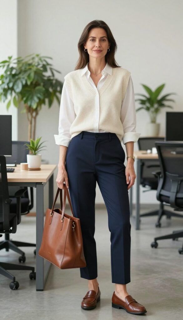 10. Knit Vest with a Button-Down and Trousers