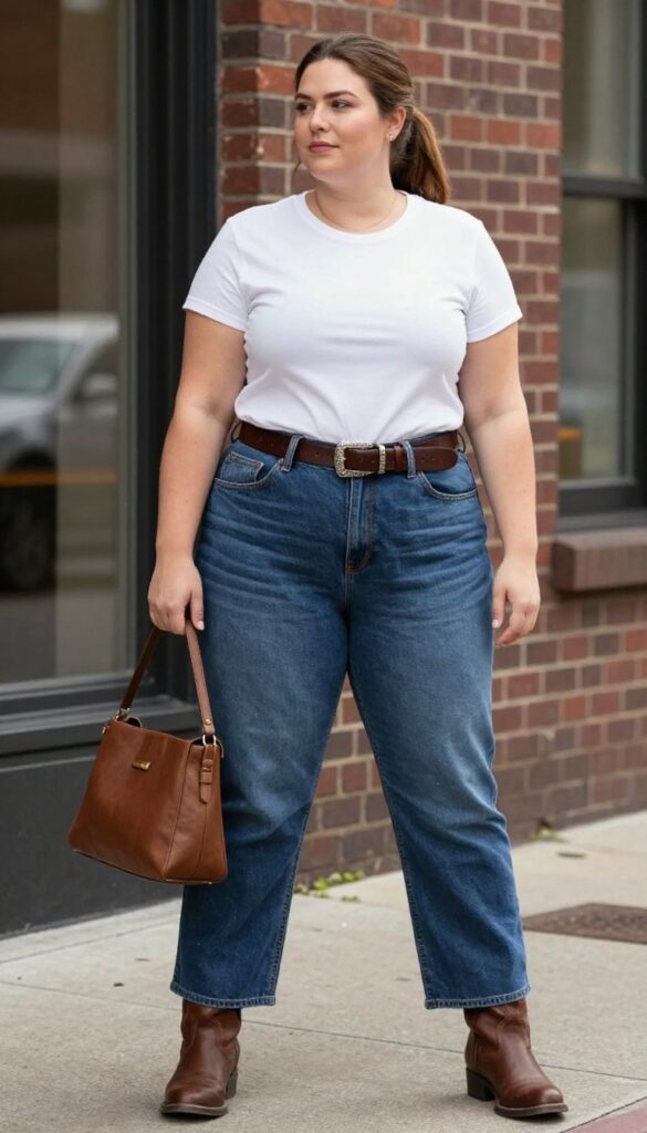 4. Modern Rancher: High-Waist Straight Jeans + Fitted Tee + Leather Belt + Roper Boots