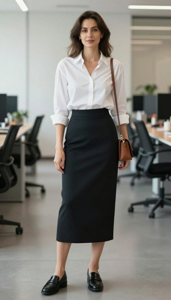 4. Button-Down Shirt + A-Line Midi Skirt + Loafers