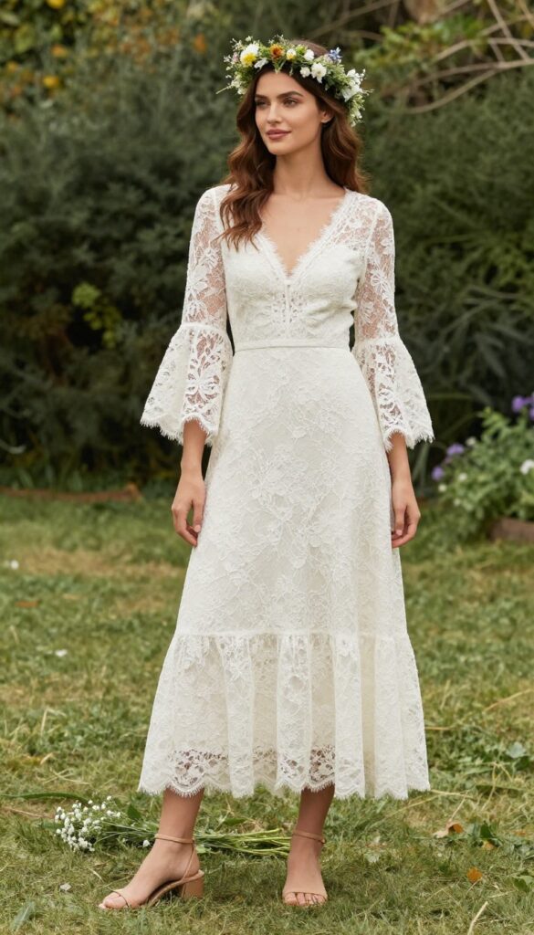 Woman in boho lace wedding dress with bell sleeves and flower crown in garden