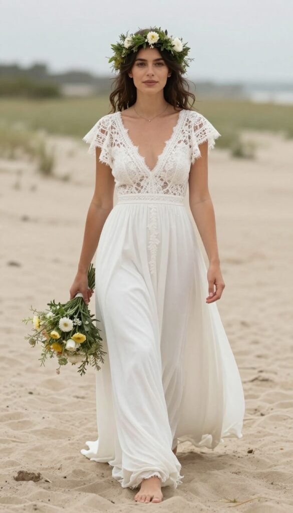 Young woman in white bohemian lace wedding dress with flutter sleeves and flowy skirt, flower crown, holding wildflower bouquet, standing barefoot on beach at sunset.