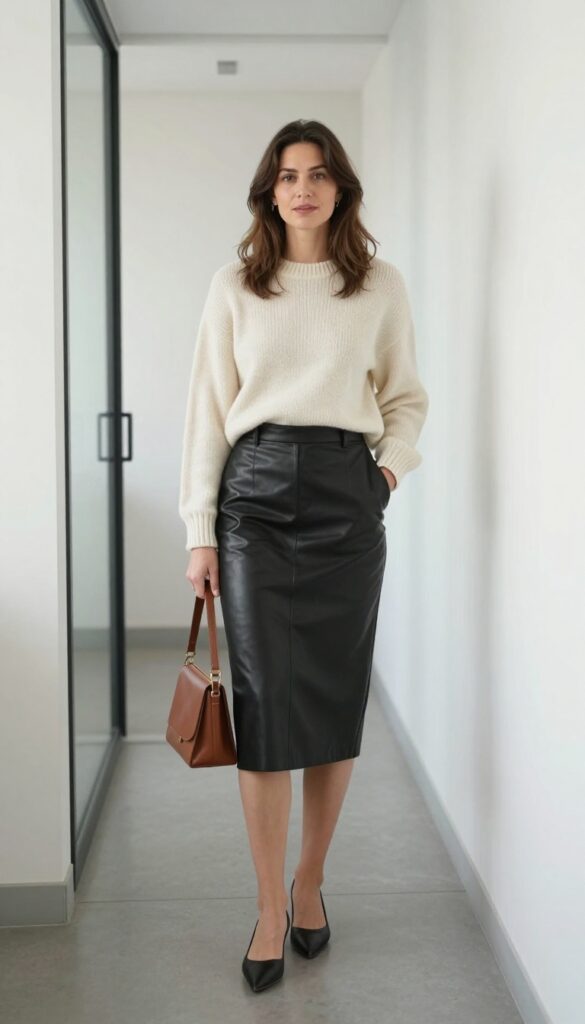 6. Leather Pencil Skirt + Cashmere Sweater + Pointed Flats