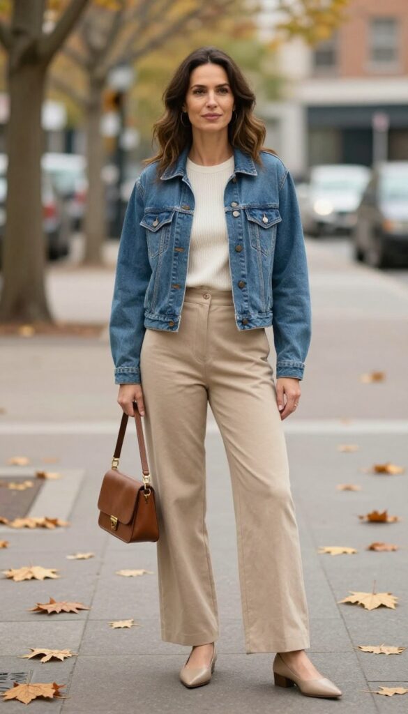 7. Cropped Jean Jacket + High-Waist Wide-Leg Pants