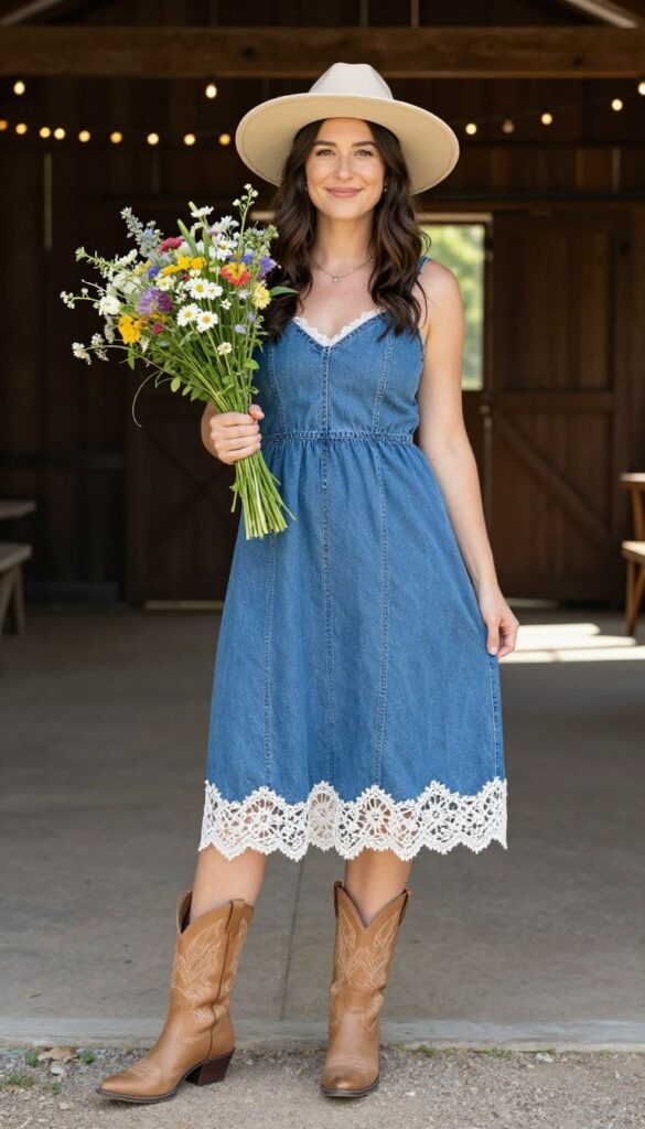 Woman in lace-trimmed denim midi dress with cowboy boots and wildflower bouquet at outdoor barn wedding