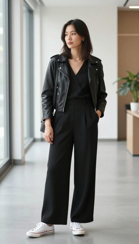 5. Black Jumpsuit + Leather Jacket + White Sneakers