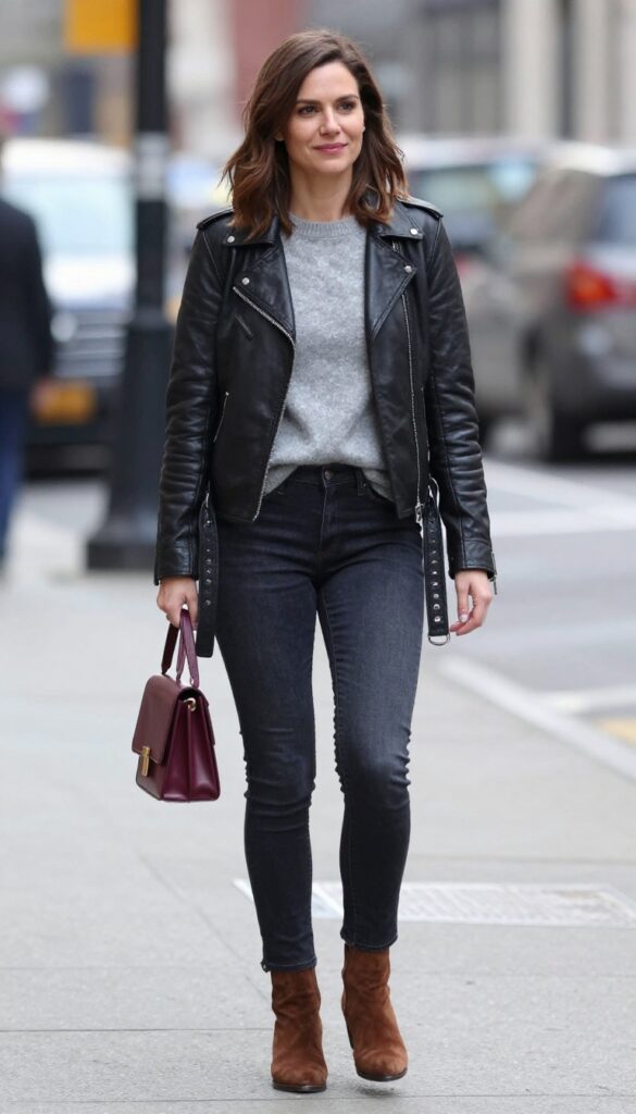 6. Leather Moto Jacket + Cashmere Sweater + Dark Wash Jeans + Heeled Booties