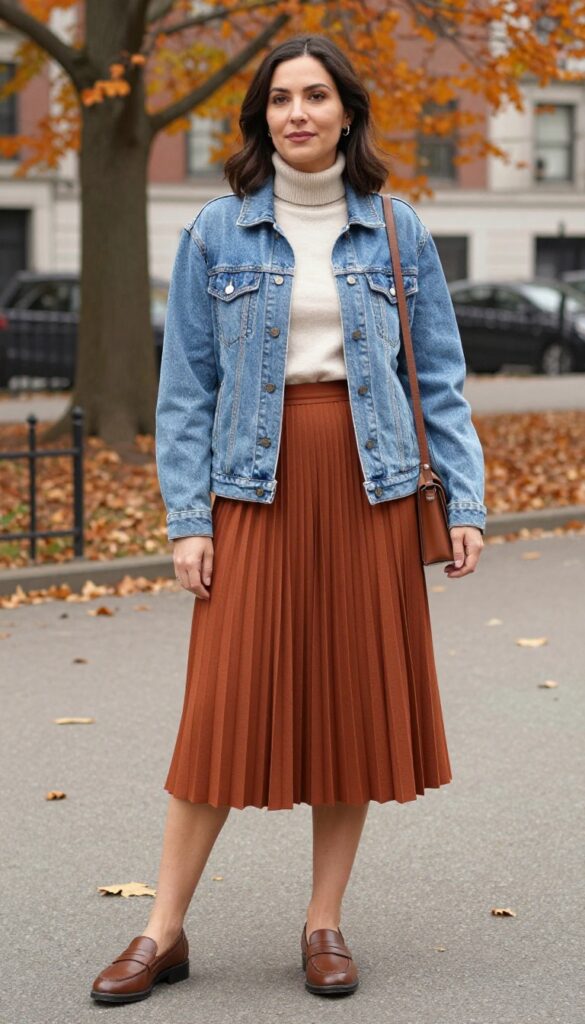 4. Jean Jacket with a Pleated Midi Skirt