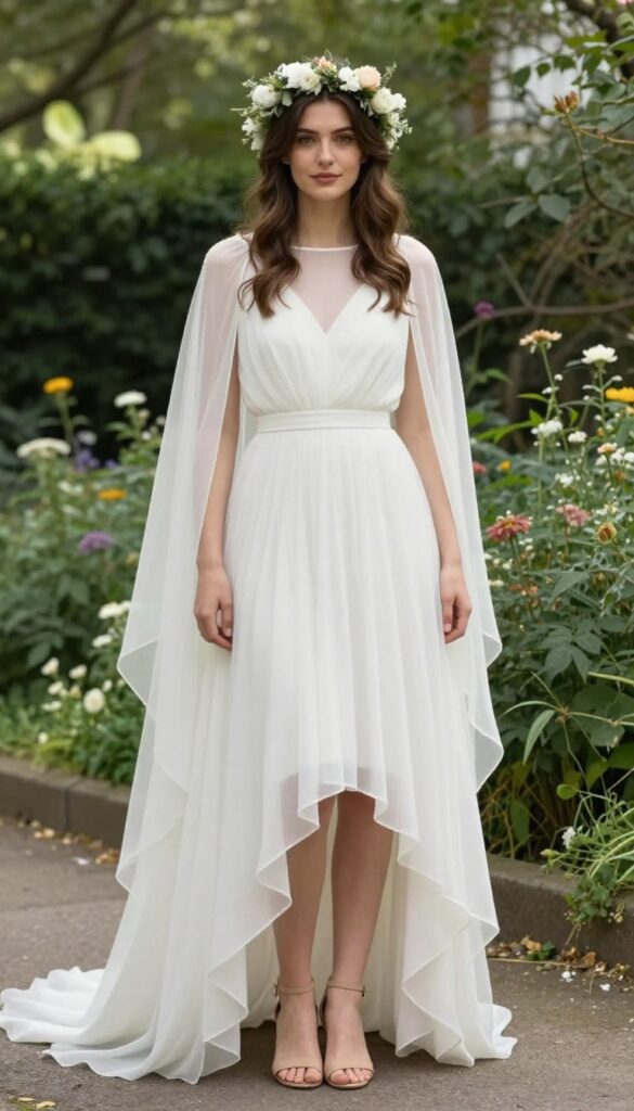 6. High-Low Hem Dress with a Flowing Cape