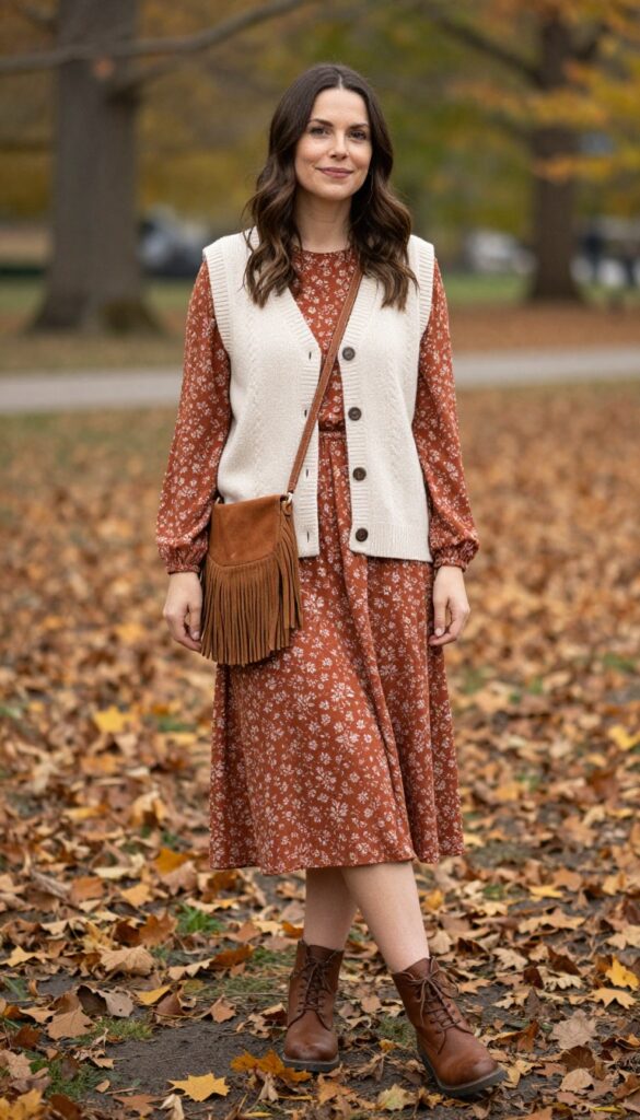 6. Knit Vest Layered Over a Long-Sleeve Dress