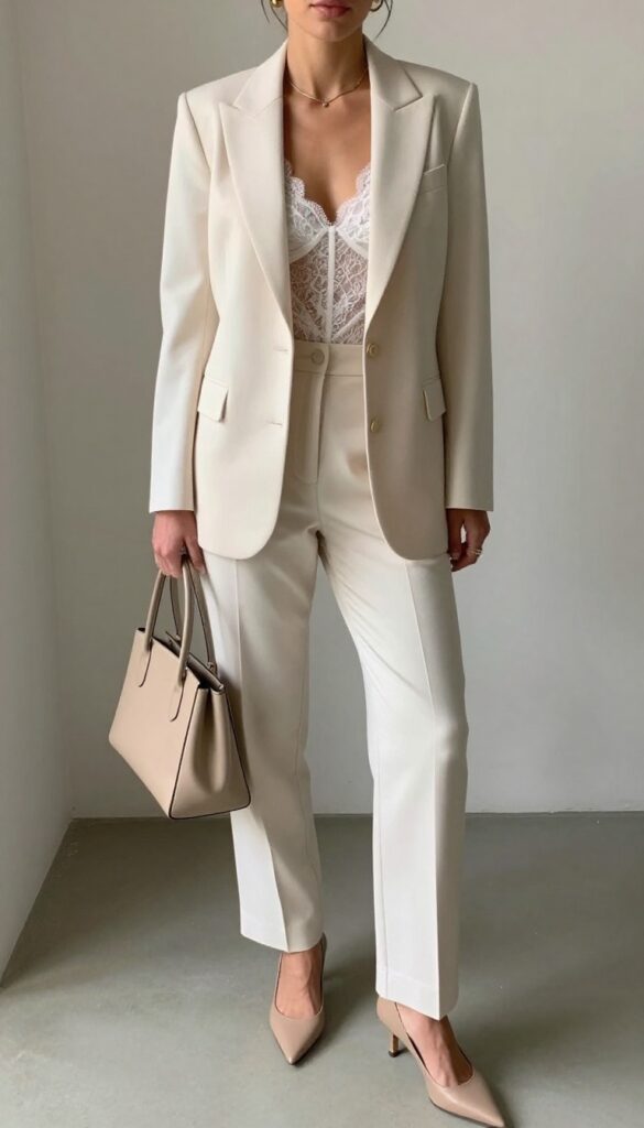 Woman in ivory pantsuit with lace bodysuit, nude heels, and beige handbag at elegant indoor venue