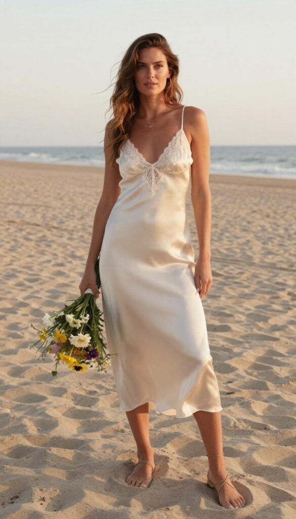A relaxed bride in an ivory slip dress with lace trim on a beach at sunset
