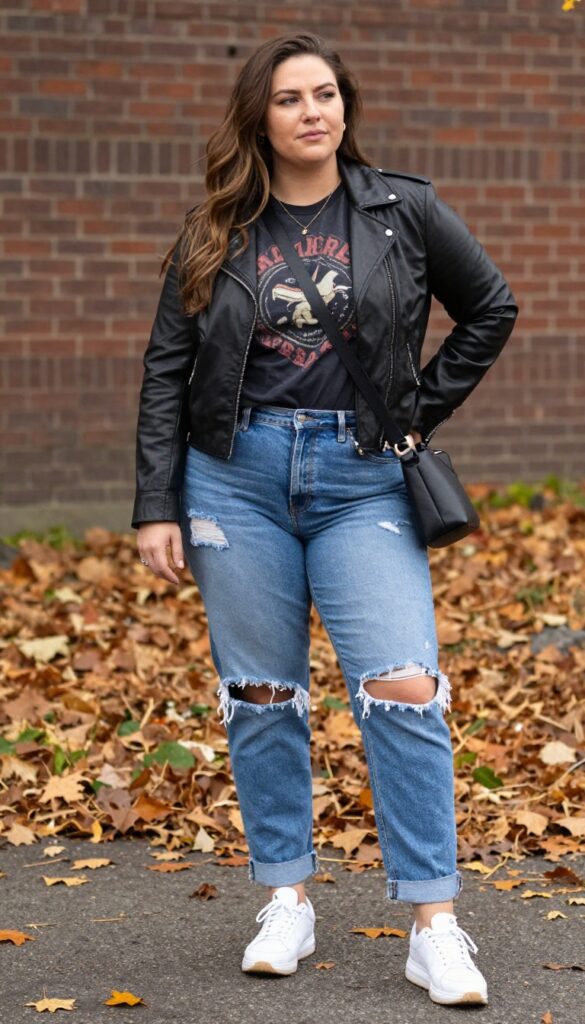 9. Faux Leather Jacket with a Graphic Tee and Ripped Jeans