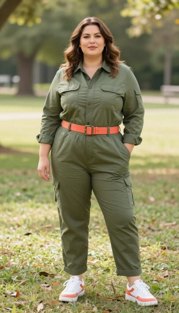 12. Utility Jumpsuit with a Belt and Colorful Sneakers