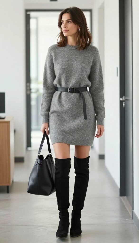 9. Grey Sweater Dress + Belt + Over-the-Knee Boots