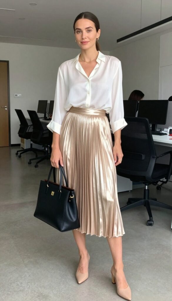 14. The Pleated Midi Skirt with a Blouse and Mules