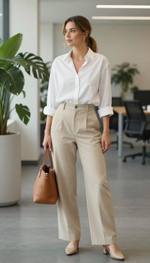 3. Button-Down Shirt + Wide-Leg Trousers