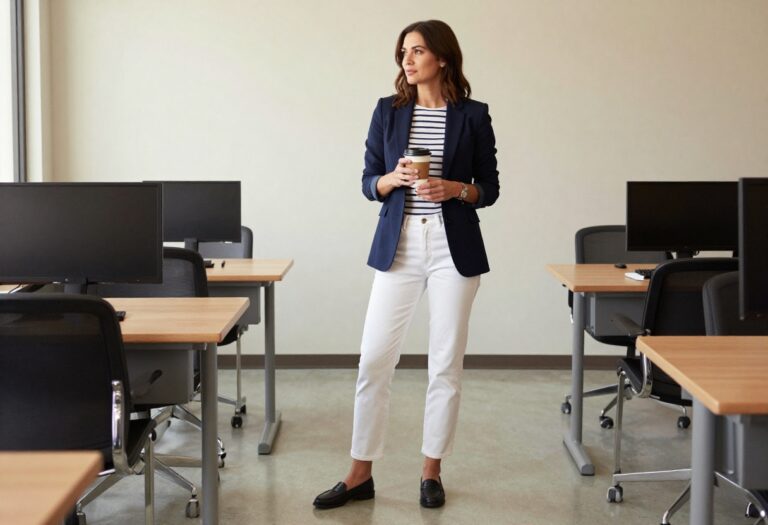 Teacher wearing navy blazer, striped tee, white jeans, and loafers in a classroom