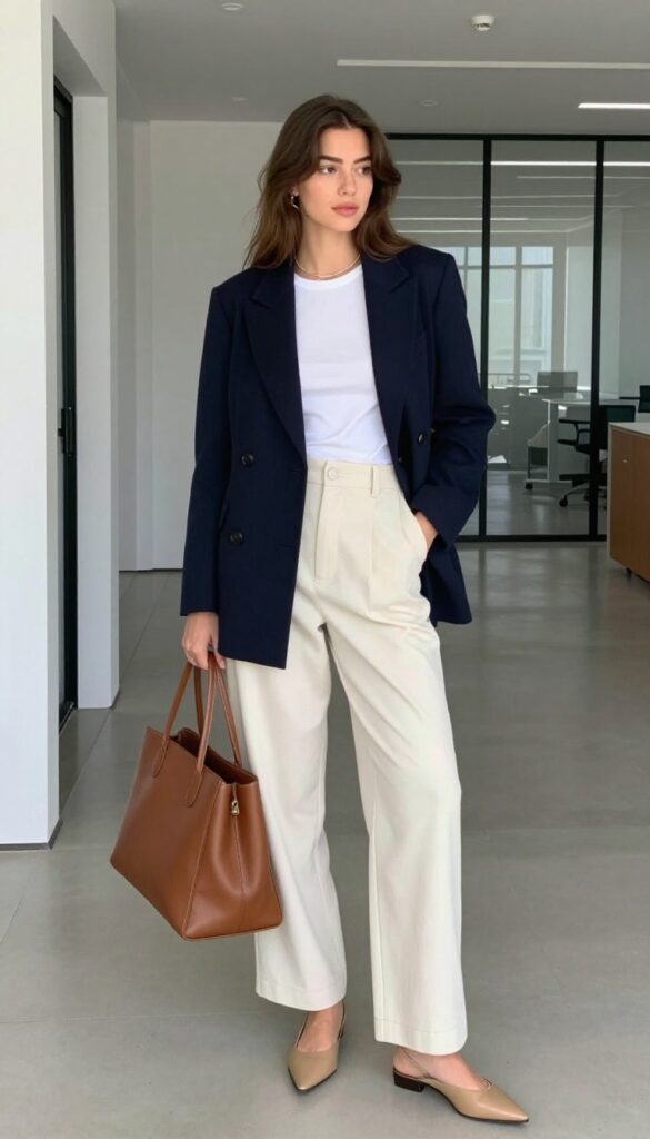 4. Double-Breasted Blazer + Crop Top + High-Waisted Trousers