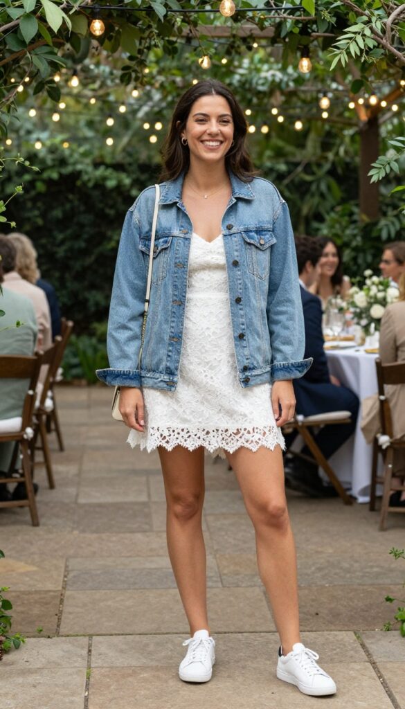 Woman in denim jacket and white lace dress at garden wedding