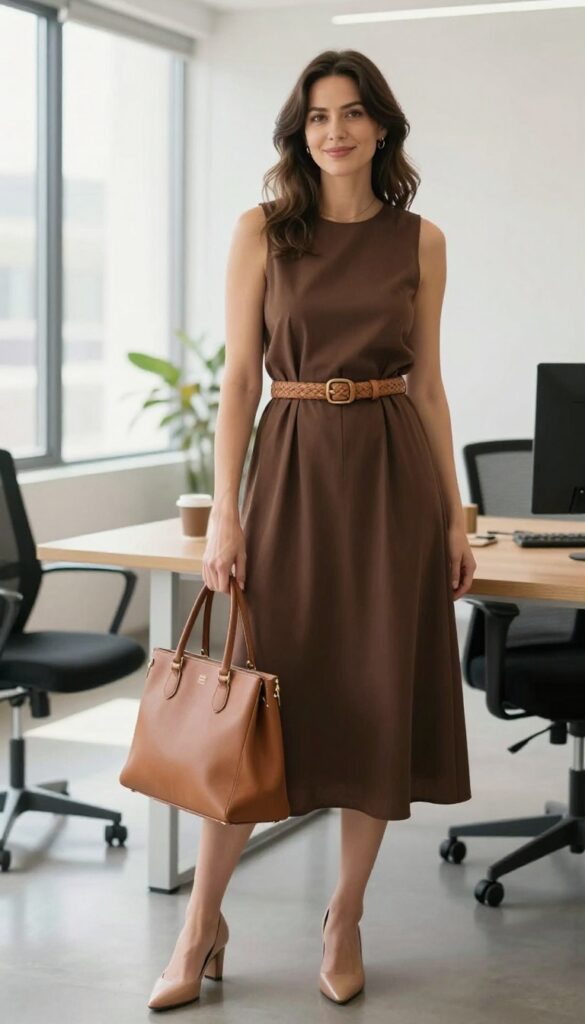 2. Brown Midi Dress with a Woven Belt