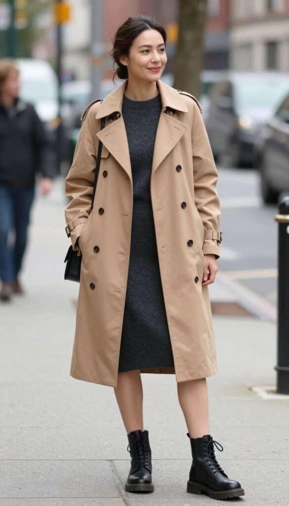 13. Trench Coat + Knit Dress + Combat Boots