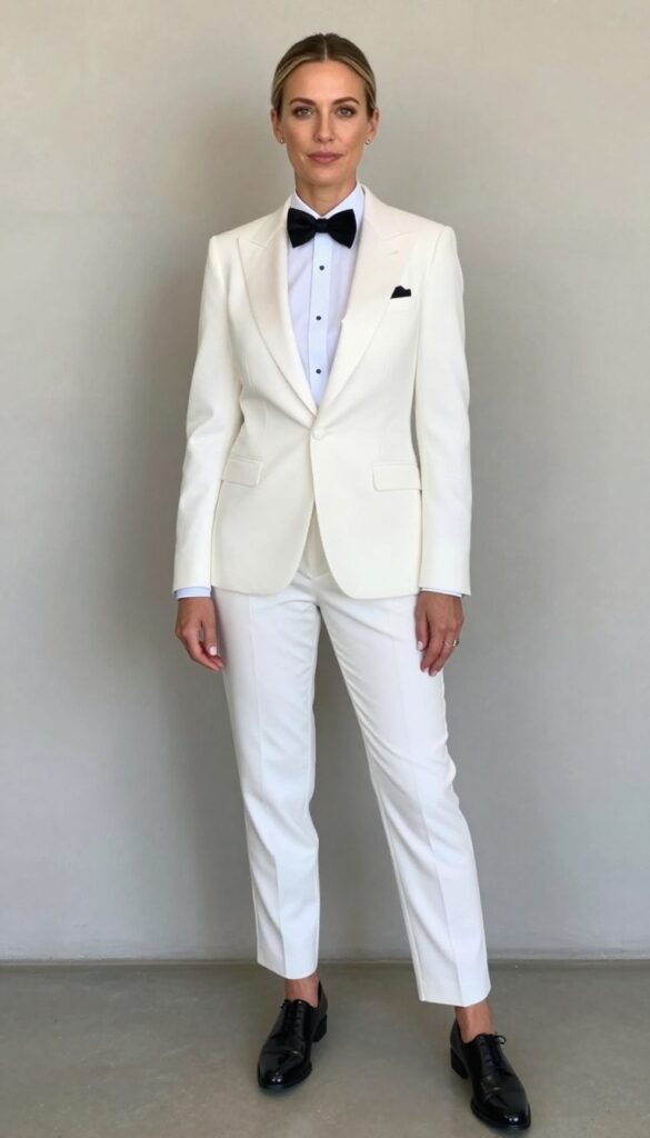 Woman in white tuxedo with bow tie at city hall