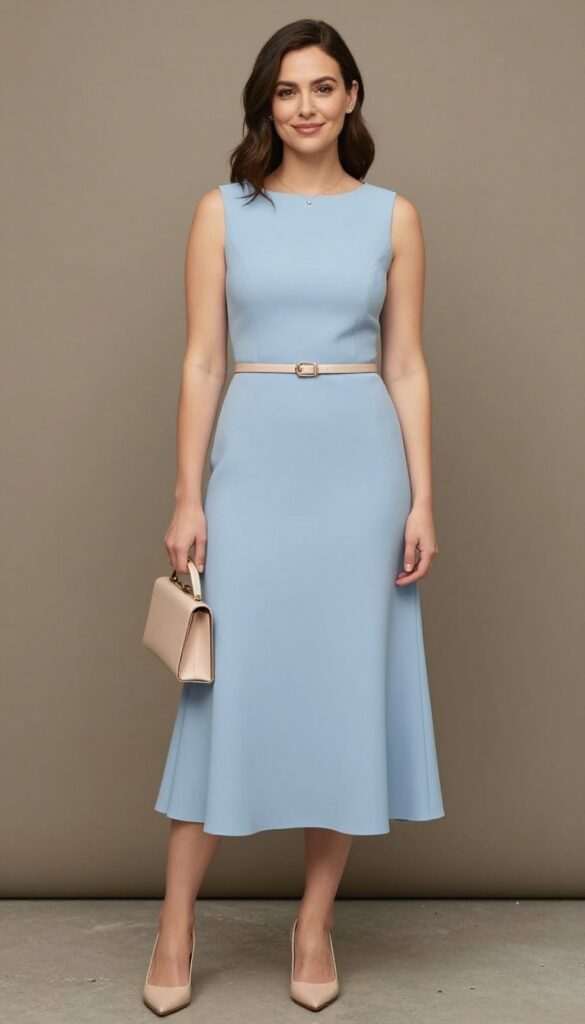 Woman in soft blue sheath wedding dress with wide nude belt, nude pumps, and clutch at evening event