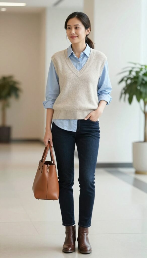 2. Denim Shirt Under a Sweater Vest