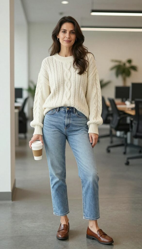 11. Cable-Knit Sweater + Cuffed Jeans + Loafers