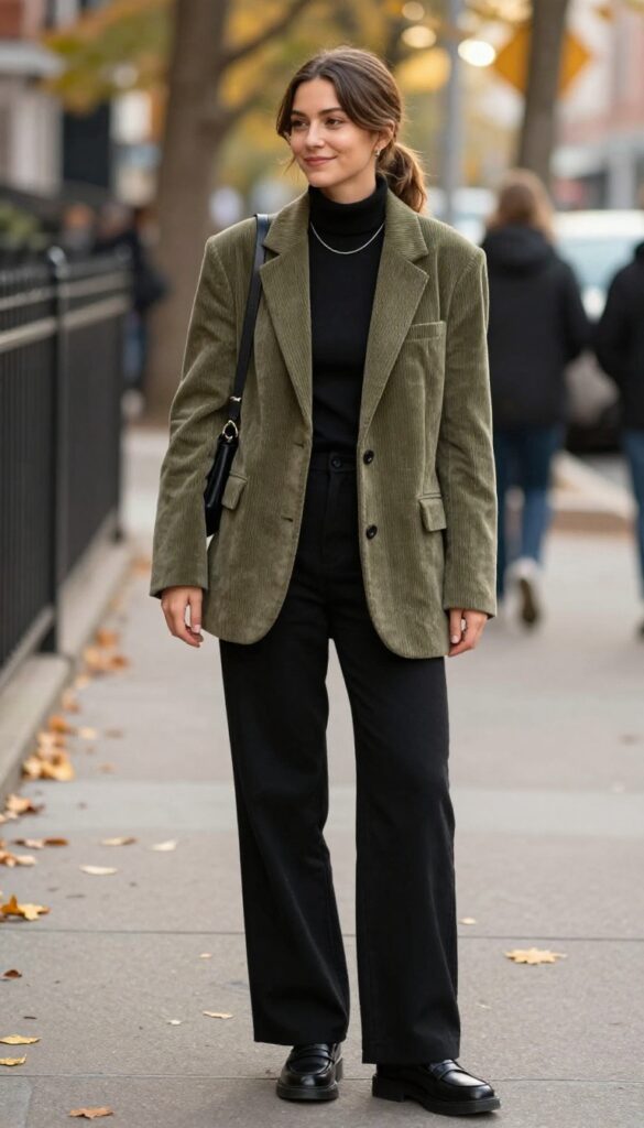 6. Corduroy Blazer + Turtleneck + Wide-Leg Trousers + Loafers