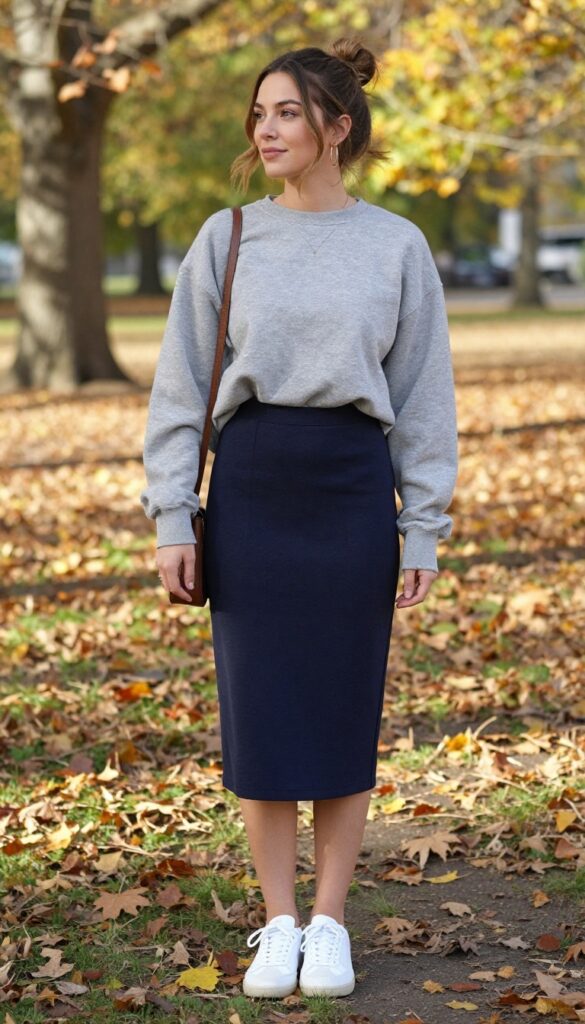 4. Sweatshirt + Pleated Skirt + White Sneakers