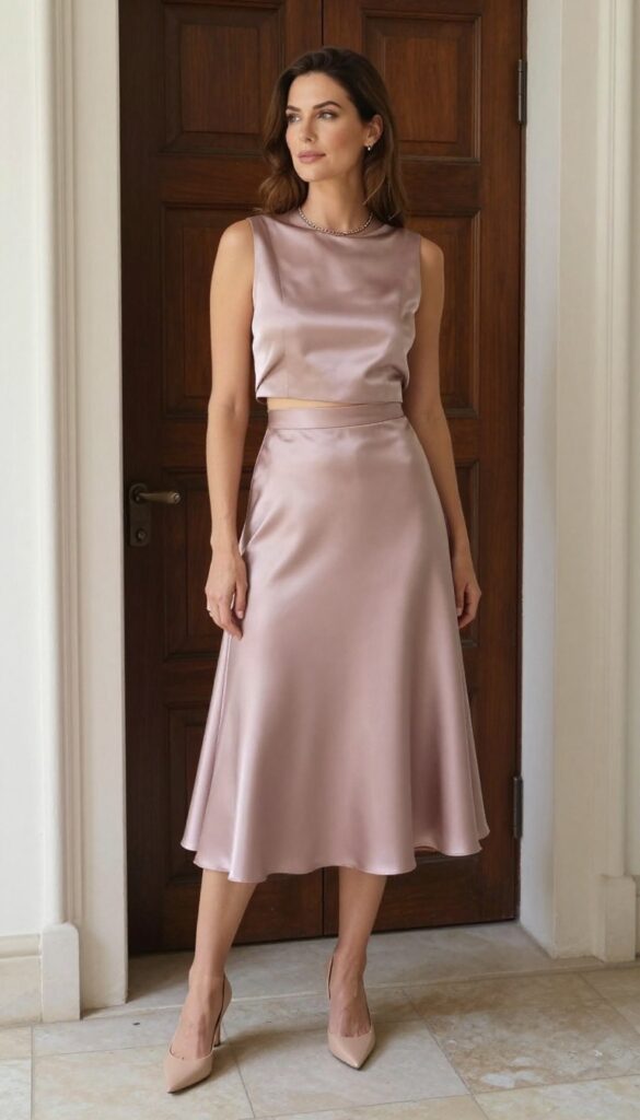 Woman in mauve satin two-piece set with cropped jacket standing in chapel doorway