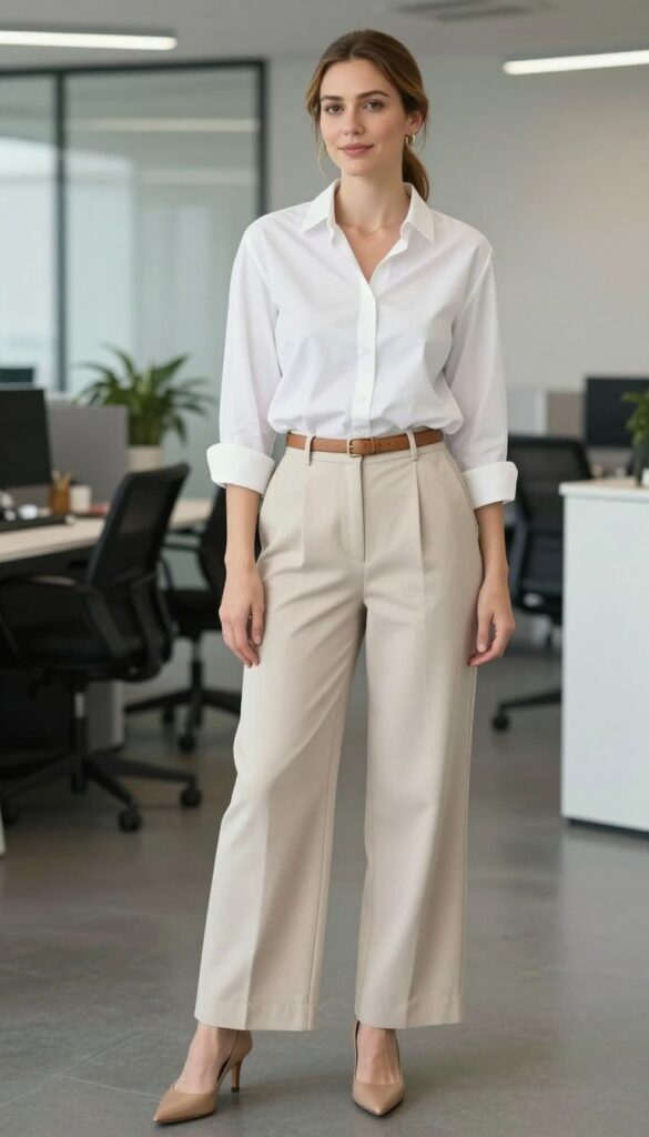 11. White Button-Down + Beige Trousers + Nude Pumps