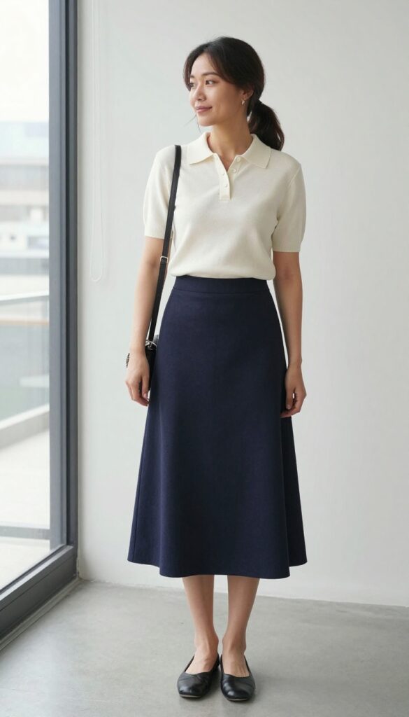 11. Knit Polo + A-Line Skirt + Ballet Flats