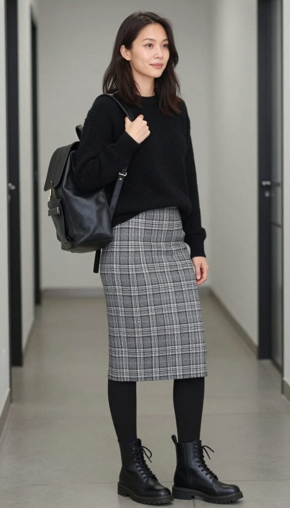 4. Black Cashmere Sweater + Plaid Midi Skirt + Opaque Tights