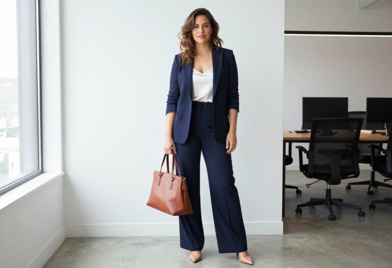Curvy woman in navy blazer and wide-leg trousers standing in a bright office, confident work outfit