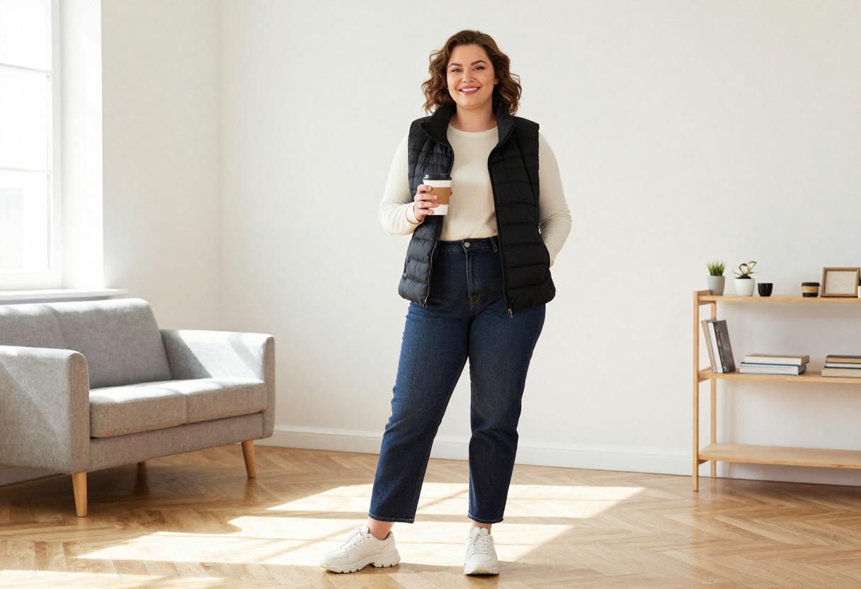 Plus size woman in puffer vest, jeans, and sneakers standing in living room