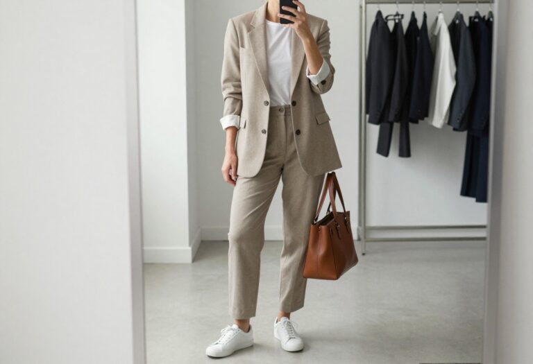 Woman in relaxed blazer, white tee, and straight-leg trousers for a clean office look