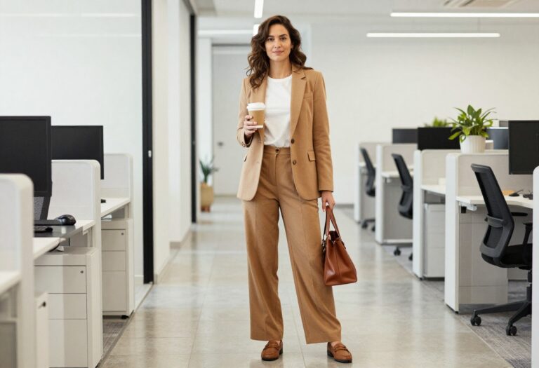 Woman in camel blazer and wide-leg trousers standing in office hallway with coffee and tote bag