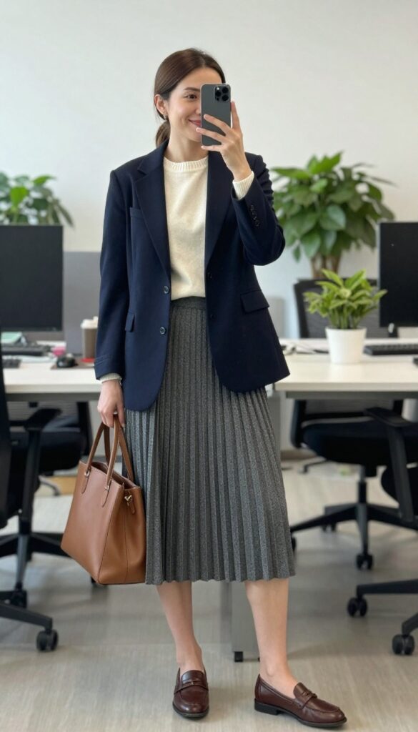 12. Blazer with a Cashmere Sweater and Pleated Skirt