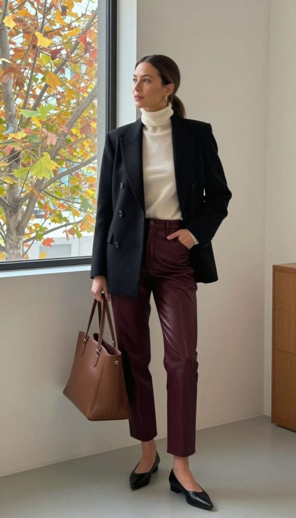 7. Double-Breasted Blazer with Turtleneck and Leather Pants